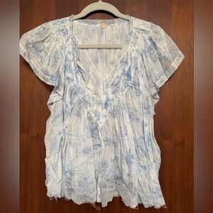 Free People Blue and White Floral Sheer Blouse